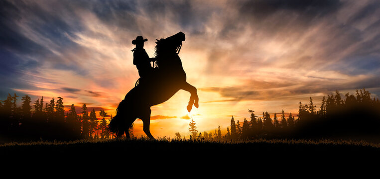 Silhouette of cowboy rearing his horse at sunset