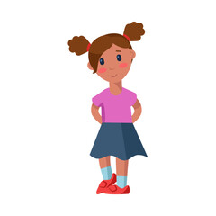 Shy little girl hiding hands cartoon vector illustration. Blushing kid character standing with hands behind