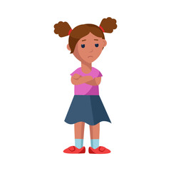 Upset little girl crossing arms cartoon vector illustration. Offended cute kid character standing on white background. Disapproval concept