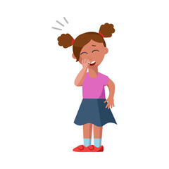 Cute little girl laughing cartoon vector illustration. Happy kid character standing covering mouth while laughing. Good mood concept