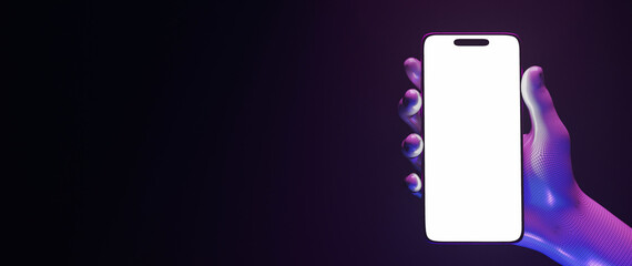 A hologram hand  with a mobile phone with purple blue screen. 3d technology background.