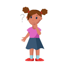 Cute little girl thinking cartoon vector illustration. Thoughtful kid character standing with hand on chin and interrogation mark. Question concept