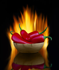 Red hot chili peppers in a wooden bowl, surrounded by fire. Photo.