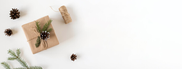 Banner with gift box in craft paper gift for Christmas, New Year view top