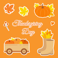 Thanksgiving stickers set. Text design. Vector illustration of autumn elements: pumpkin, leaves, rubber boots.