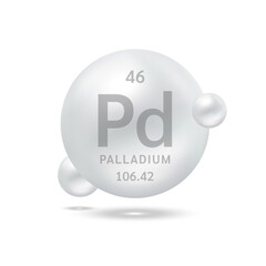 Palladium molecule models silver and chemical formulas scientific element. Natural gas. Ecology and biochemistry concept. Isolated spheres on white background. 3D Vector Illustration.