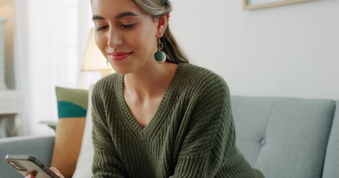 Brazil, phone or woman with credit card payment on sofa for online shopping, fintech or ecommerce app at home. Happy, relax and girl with smile for digital banking, website store purchase or trading