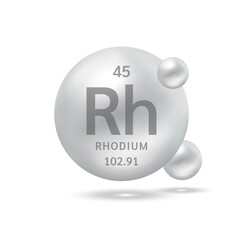Rhodium molecule models silver and chemical formulas scientific element. Ecology and biochemistry concept. Isolated spheres on white background. 3D Vector Illustration.
