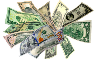 Flying money, bills of dollars in the form of a fan in denominations from one to one hundred
