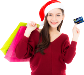 Happy fashion asian woman with smile holding shopping paper bag and credit card, Sale and christmas with holiday, girl with buyer enjoy and excited, season concept.