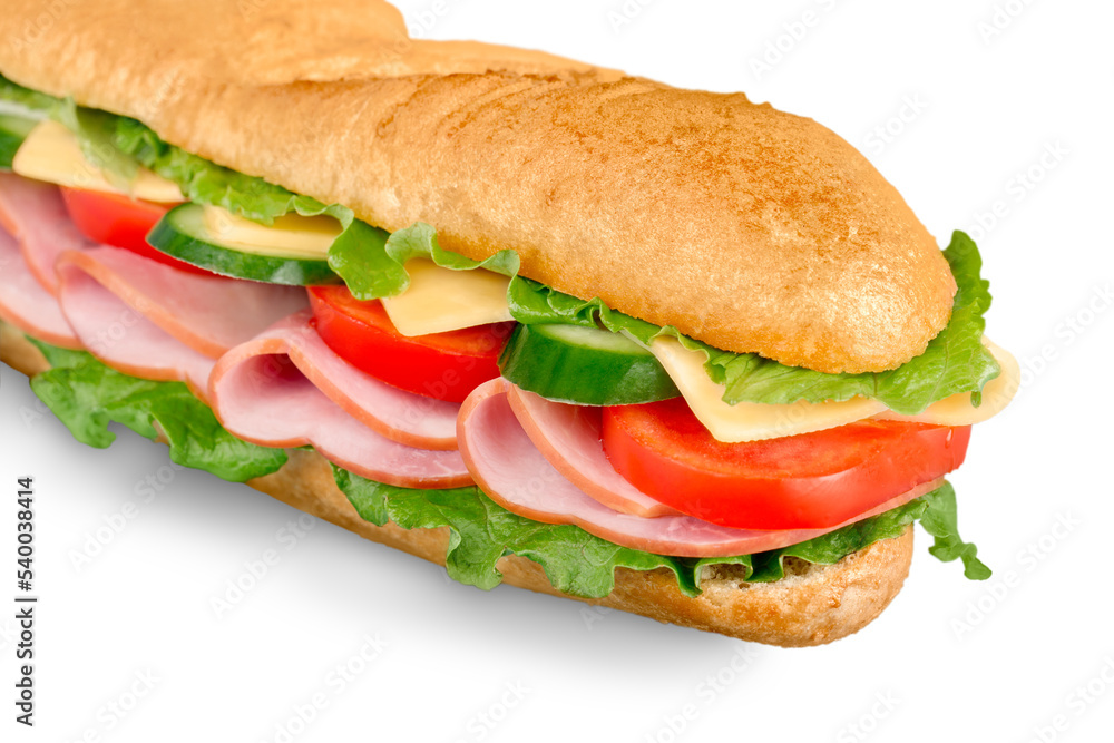 Sticker Ham and cheese salad submarine sandwich from freshly cut baguette