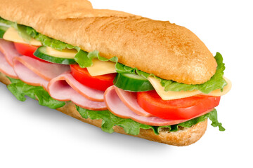 Ham and cheese salad submarine sandwich from freshly cut baguette