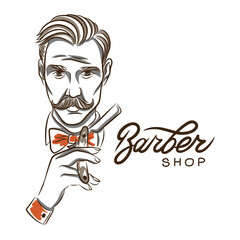 Barber shop, a man with a mustache holds a haircut accessory
