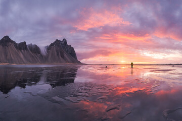 Picturesque scenery of sea and mountains during sunset