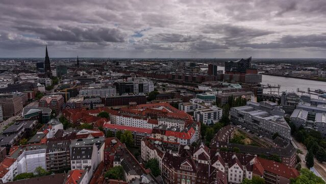 Timelapse of a view over Hamburg and the harbor seen from St. Michaelis Church
