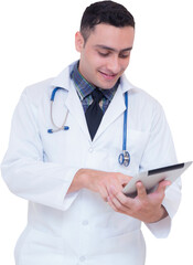 Portrait doctor man holding tablet computer transparent file.