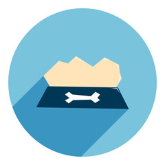 flat icon bowl with dog food. blue icon in flat style with long shadow, dog food bowls. web browser icon.