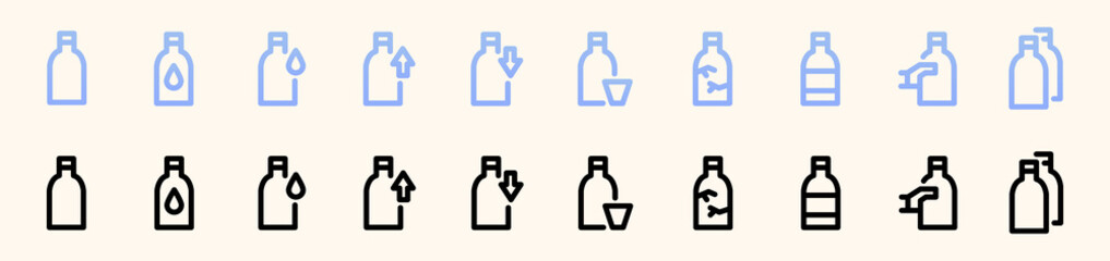 set of outline, black and gradient icons of bottles. icons for web browser. bottle of the same shape with different icons.