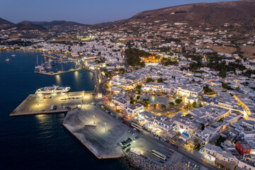 Aerial panorama view   of the   of parikia village with the traditional white houses in Paros island, Greece.