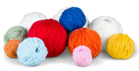 Close up of knitting wall balls on white background
