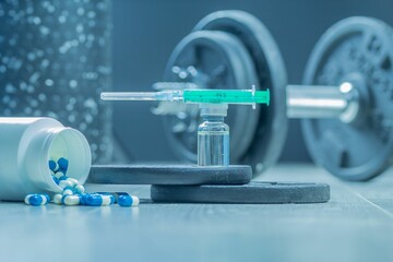 Closeup of illegal doping injectable drug and capsules and weight plates - cheating drug in sports
