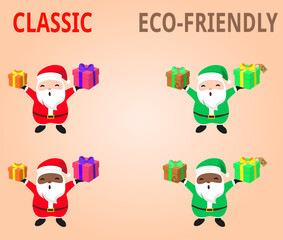 Cute and colorful Santa Claus with gifts. Classic and eco-friendly style