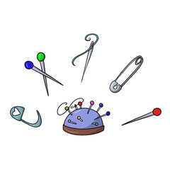 A set of colored icons, a soft pillow for pins and needles, a vector cartoon