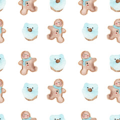 Seamless pattern of cute watercolor gingerbread. Christmas gingerbread cookies. Christmas decorations