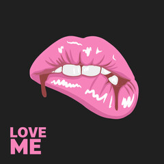 Love me, Bite pink lips, stylish card with painted lips, bright makeup