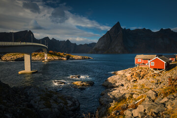 Beautiful and colorful autumn in the Lofoten archipelago in Norway. Breathtaking landscapes show...