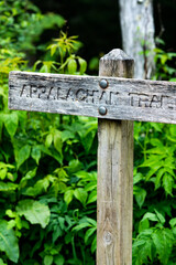 hand made wooden sign and post with etched text in all caps that reads Appalachian trail and also serves as trailhead mile marker gathering point for through hikers to enter the forest