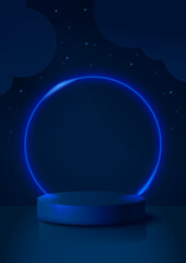 Blue Cylinder Podium Illuminated with Neon Round Lamp on Dark Blue Background with Stars and Clouds. Retro Scene Interior. Vector Illustration. Vertical Orientation.