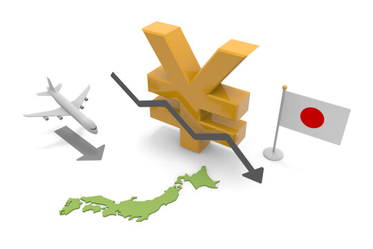 円相場の下落。日本の国旗。円安で日本に旅行に行く。飛行機で日本に来る旅行者。