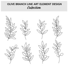 Minimalist Olive Branch Flower Hand Drawn Vector Illustration Set. Flowers Sketch Drawing on White Background.