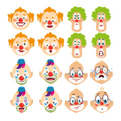Faces of clown cartoon characters vector illustrations set. Collection of drawings of facial expressions of people with eye and mouth makeup isolated on white background. Emotions, circus concept