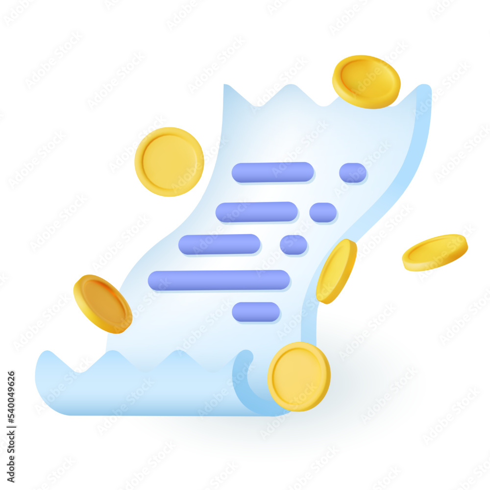 Aufkleber isometric paper scroll with gold coins 3d icon. document with business analysis or statistics 3d vec