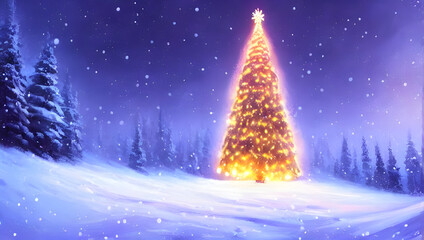 Obraz na płótnie Canvas a glowing christmas tree with decoration stuck in the ground with gift's halfway up a snowy mountain - digital art