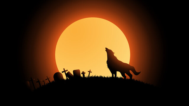 Halloween website banner background , card, poster, dark bat, yellow and orange and dark vector background, halloween scare, Full moon,wolf howling
