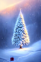 a magical christmas tree with decoration stuck in the ground with gift's halfway up a snowy mountain - digital art - oil painting