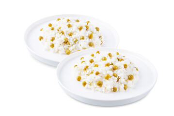 Onion green peas rice in a plate on a white isolated background
