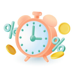 Alarm clock with gold coins and percentage signs 3D icon. Deadline or countdown, time management 3D vector illustration on white background. Finances, business, interest, time, investment concept