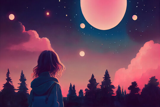 Lofi girl looking at a pink night sky. Scenery with clouds and stars. Anime  drawing. Manga, cartoon character having sad feeling. Hopeful woman in  love. Sad girl in the nature. Hiking girl,