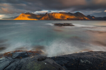 Beautiful and atmospheric beaches in the Lofoten archipelago in Northern Norway. Photo taken in the fall.