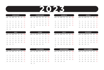 Monthly desk calendar template for 2023 year. Week starts on Monday