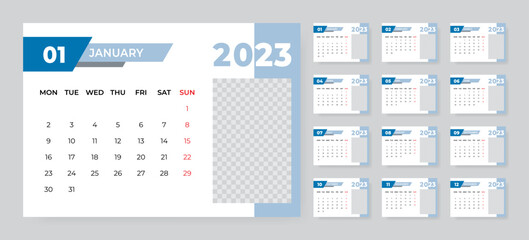 Fototapeta na wymiar Monthly desk calendar template for 2023 year. Week starts on Monday