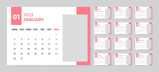 Monthly desk calendar template for 2023 year. Week starts on Monday - obrazy, fototapety, plakaty