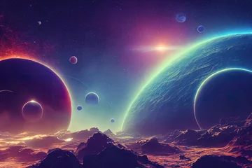 Keuken foto achterwand Fantasie landschap Space digital artwork. Surreal fantasy cosmos. Nebula with planets and stars. Sci-fi elements. Glowing technology. Dark colorful universe. Concept of asteroids with moons and rocks. Black hole, sun.