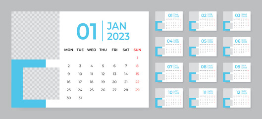 Monthly desk calendar template for 2023 year. Week starts on Monday