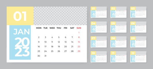 Monthly desk calendar template for 2023 year. Week starts on Monday