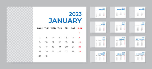 Monthly desk calendar template for 2023 year. Week starts on Monday